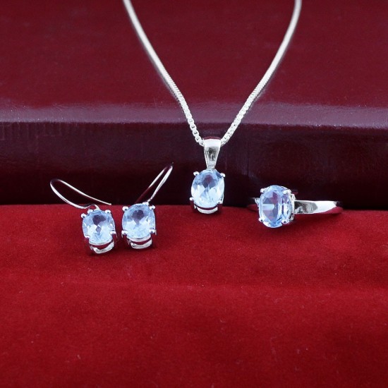 925 Sterling Silver Rhodium Polished Jewellery Set Blue Topaz Gemstone Set Jewellery