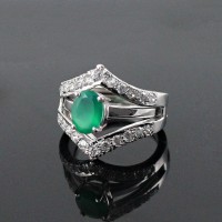 American Diamond Green Onyx Rhodium Plated 925 Sterling Silver Ring Jewelry