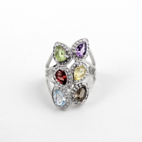 Adorable Pear Shape Multi Stone Rhodium Plated 925 Silver Ring