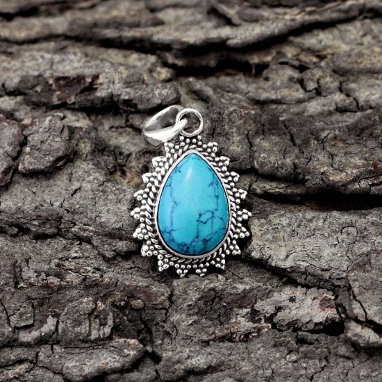 Alluring Turquoise 925 Sterling Silver Handmade Pendant Jewelry Gift For Her