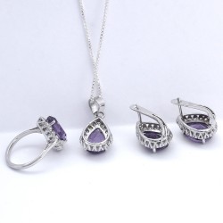 Amethyst American Diamond Ring Earring Jewelry Set 925 Sterling Silver Rhodium Polished Jewelry Set For Her