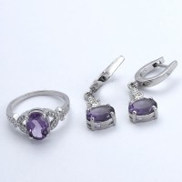 Amethyst Rhodium Polished Ring Earring Jewellery Set 925 Sterling Silver Women Handcrafted Jewellery For Her