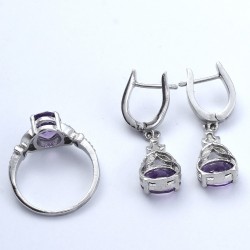 Amethyst Rhodium Polished Ring Earring Jewellery Set 925 Sterling Silver Women Handcrafted Jewellery For Her