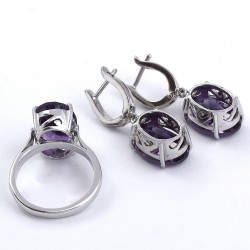 Amethyst Ring Earring Rhodium Polished Jewelry Set 925 Sterling Silver Handmade Silver Jewelry Gift For Her