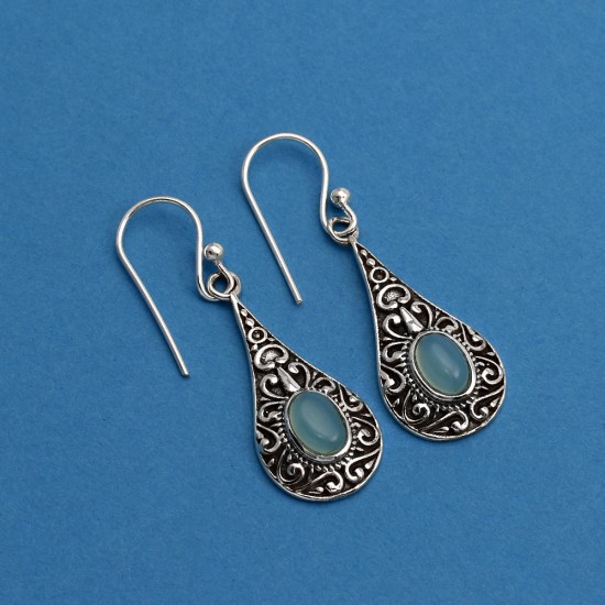 Nice Looking !! Aqua Blue Chalcedony 925 Sterling Silver Earring Jewelry