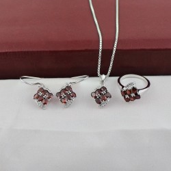 Attractive Red Garnet White C.Z Jewelry Set With Rhodium Polished 925 Sterling Silver Jewelry