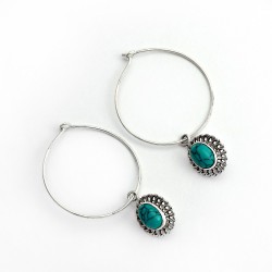 Attractive Turquoise Oval Shape 925 Sterling Silver Hoop Earring Boho Jewelry