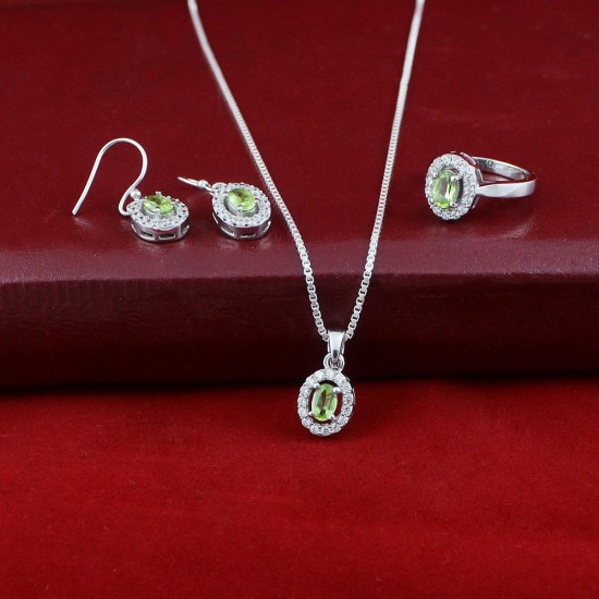 Beautiful Peridot CZ Gemstone Rhodium Plated Jewellery Set 925 Sterling Silver Jewellery Gift For Her