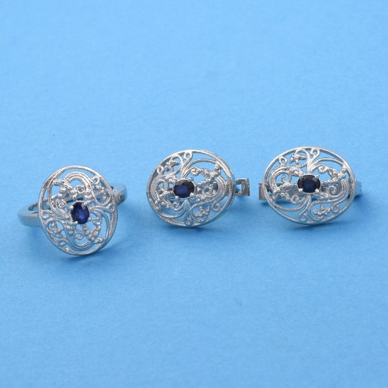 Blue Sapphire Rhodium Polished Ring Earring Jewellery Set Solid 925 Sterling Silver Handmade Silver Jewellery