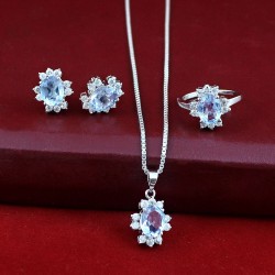 Blue Topaz C.Z Gemstone Jewelry Set Solid 925 Sterling Silver Rhodium Plated Jewelry Anniversary Gift