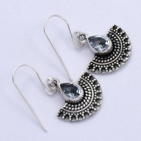 Blue Topaz Drop Earrings Oxidized Silver Jewelry Handmade 925 Sterling Silver Jewelry