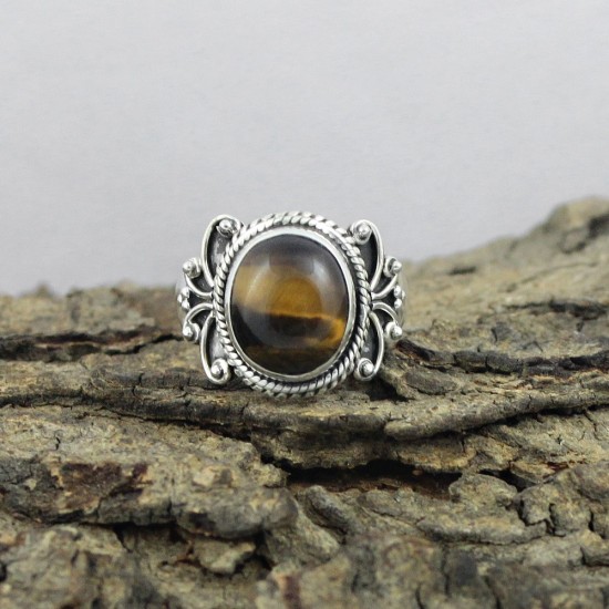 Natural Tiger Eye Oval Shape 925 Sterling Silver Ring Jewelry