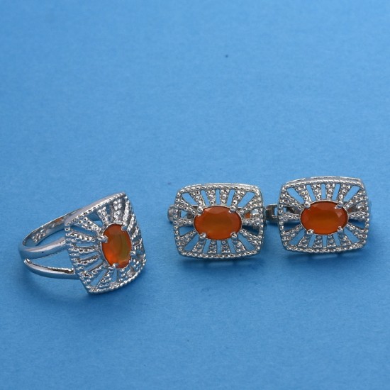 Carnelian Gemstone Ring Earring Jewellery Set Handmade 925 Sterling Silver Rhodium Polished Jewellery