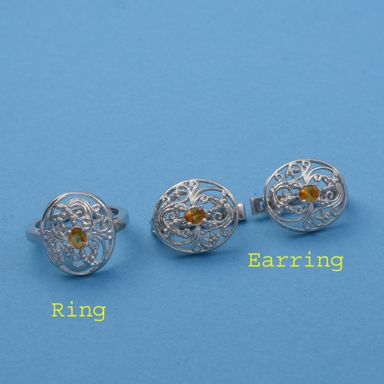 Citrine Gemstone Jewelry Set Handmade 925 Sterling Silver Rhodium Polished Ring Earring Jewelry Set