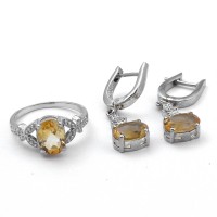 Citrine Rhodium Polished Ring Earring Jewelry Set 925 Sterling Silver Handmade Silver Jewelry Gift For Her