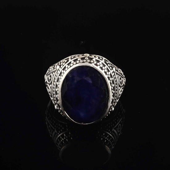Natural Blue Corundum 925 Sterling Silver Women Handcrafted Boho Ring Jewelry Engagement Ring