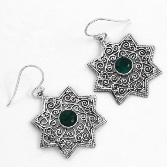 Designer Oxidized Silver Drops Earring Green Onyx Earring Handmade 925 Sterling Silver Jewelry