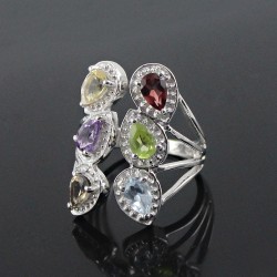 Elegant Multi Color Stone 925 Sterling Silver Rhodium Plated Ring