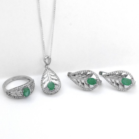 Emerald American Diamond Rhodium Polished Jewellery Set 925 Sterling Silver Handmade Jewellery