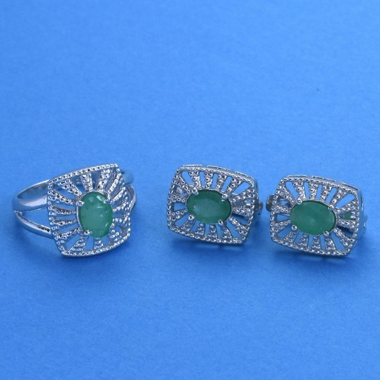 Emerald Ring Earring Jewellery Set Handmade Rhodium Polished Jewellery Solid 925 Sterling Silver Jewellery