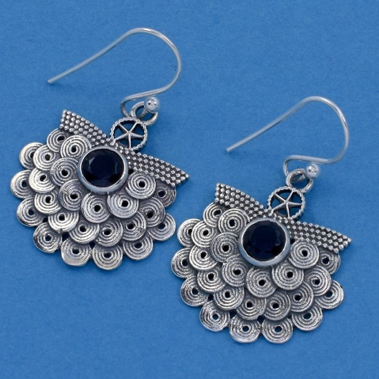 Faceted Blue Iolite Drops Earrings Peacock Feather Shape 925 Sterling Silver Oxidized Earring Jewelry