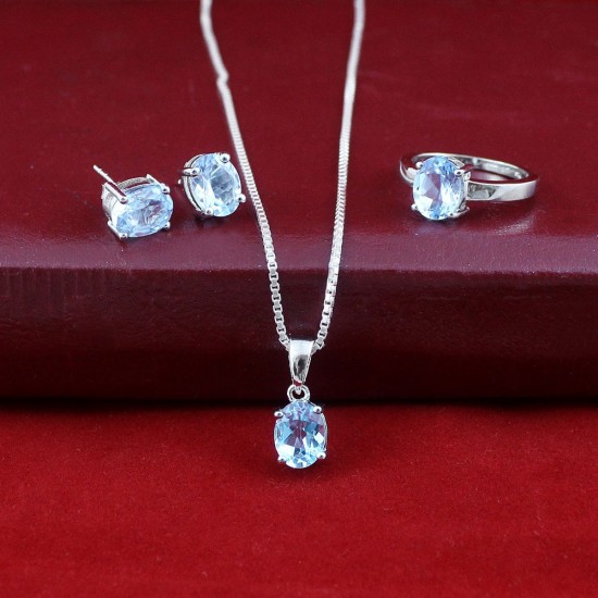 Faceted Blue Topaz Gemstone Jewelry Set 925 Sterling Silver Rhodium Polished Set Jewelry
