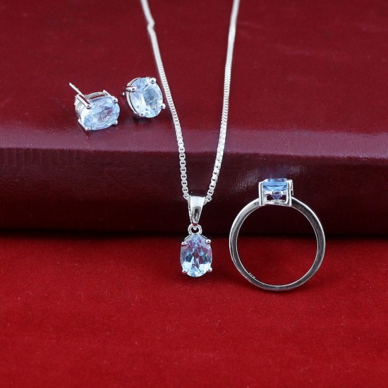 Faceted Blue Topaz Gemstone Jewelry Set 925 Sterling Silver Rhodium Polished Set Jewelry