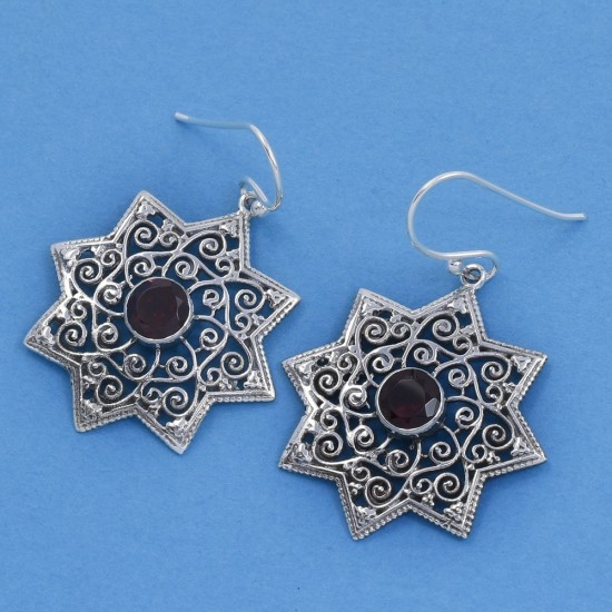 Faceted Red Garnet Drops Earring Oxidized Jewellery Solid 925 Sterling Silver 925  Stamped Jewellery