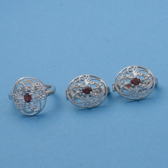 Garnet Gemstone Jewelry Set 925 Sterling Silver Rhodium Polished Ring Earring Jewelry Set For Women
