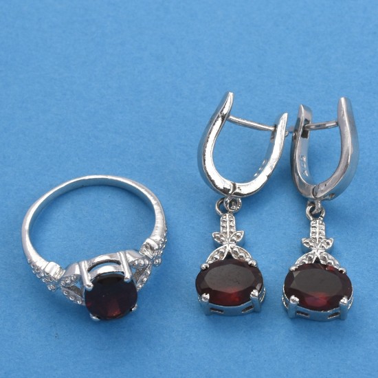 Garnet Gemstone Silver Jewellery Set Handmade Solid 925 Sterling Silver Rhodium Polished Ring Earring Set Jewellery