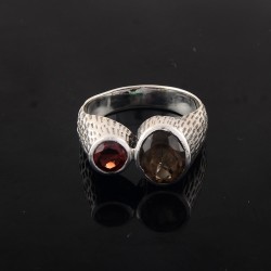 Natural Garnet Smoky Quartz Ring 925 Sterling Silver Women Handmade Jewelry