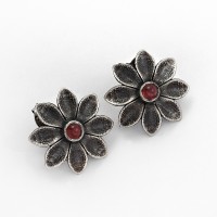 Garnet Stud Earring Flower Shape 925 Sterling Silver Oxidized Jewelry Gift For Her