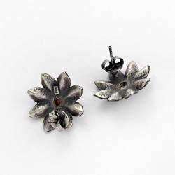 Garnet Stud Earring Flower Shape 925 Sterling Silver Oxidized Jewelry Gift For Her