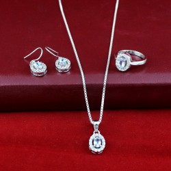 Genuine Blue Topaz White C.Z Gemstone Rhodium Polished Silver Jewelry Set 925 Sterling Silver Jewelry