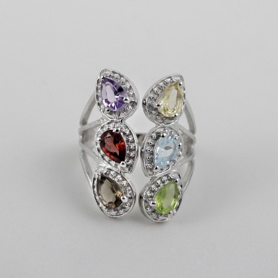 Genuine Multi Stone 925 Silver Rhodium Plated Ring Jewelry Gift For Her