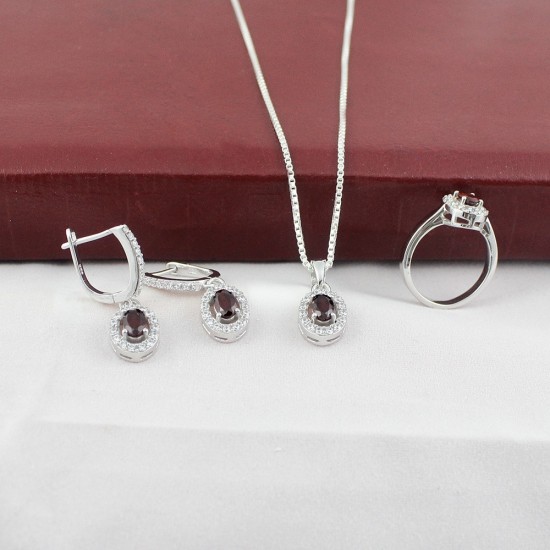 Great Impression Red Garnet White CZ Jewellery Set 925 Sterling Silver With Rhodium Polished Set Jewellery