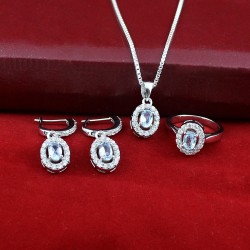 Handmade Rhodium Polished Jewelry 4 Pieces Set Blue Topaz White C.Z Gemstone 925 Sterling Silver Jewelry