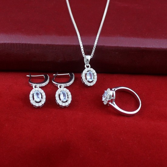 Handmade Rhodium Polished Jewelry 4 Pieces Set Blue Topaz White C.Z Gemstone 925 Sterling Silver Jewelry