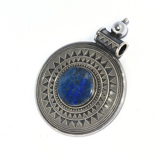 Round Shape !! Lapis Lazuli Pendant 925 Sterling Silver Handmade Oxidized Jewelry Gift For Her