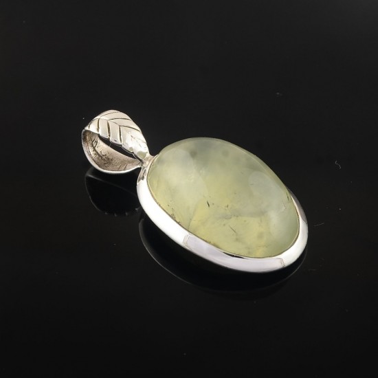 Natural Green Prehnite Oval Shape 925 Sterling Silver Pendant Fine Jewelry