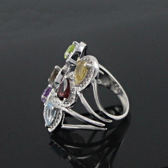 Multi Choice Stone 925 Sterling Silver Rhodium Plated Ring Handmade Jewelry