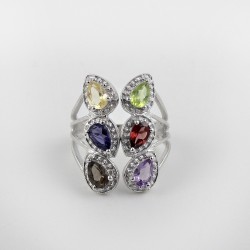 Multi Color Stone 925 Sterling Silver Rhodium Plated Ring Jewelry Gift For Her