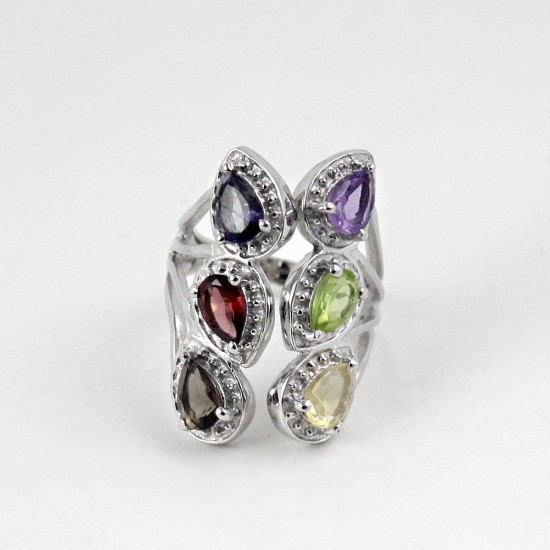 Multi Color Stone Rhodium Plated 925 Sterling Silver Ring