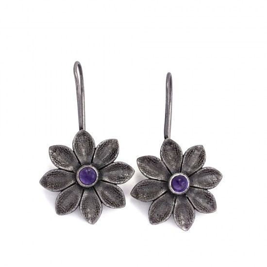 Natural Amethyst 925 Sterling Silver Women Fashion Earring Oxidized Jewelry