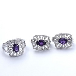 Natural Amethyst Ring Earring Jewellery Set 925 Sterling Silver Rhodium Polished Silver Jewellery Set For Women