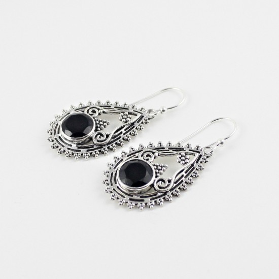 Natural Black Onyx Round Shape 925 Sterling Silver Earring