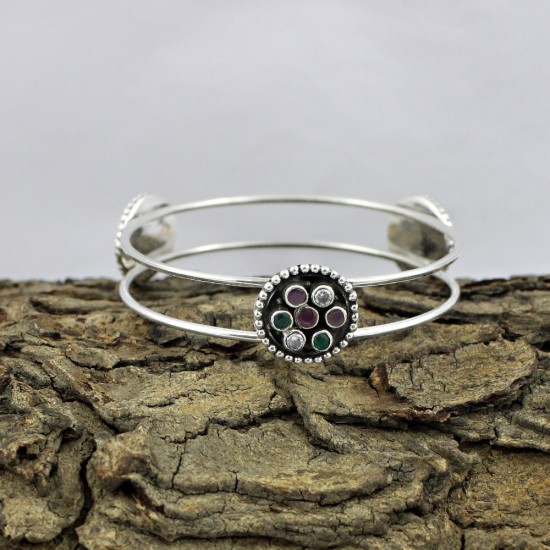 Natural CZ Flower Shape 925 Sterling Silver Bangle Jewelry