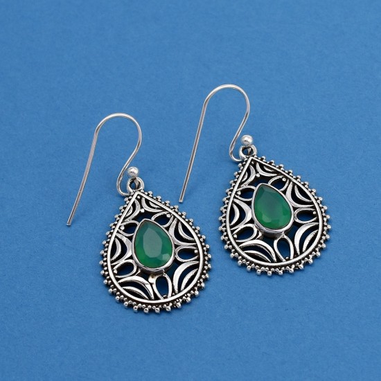 Fabulous Style !! Natural Green Onyx 925 Sterling Silver Earring Handmade Jewelry
