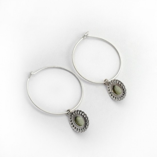 Natural Prehnite Oval Shape 925 Sterling Silver Handmade Hoop Earring