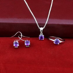 Natural Purple Amethyst Gemstone Rhodium Polished Jewellery Set 925 Sterling Silver Jewellery Christmas Gift